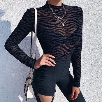 2019 Есенна мода Секси мрежест тънък пуловер с неправилни райета с кръгло деколте и дълъг ръкав Ежедневен тънък къс гащеризон
