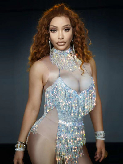 Body sexy cu paiete strălucitoare, cu ciucuri, salopetă sexy pentru femei, petrecere, club de noapte, bar, costum de dans, scenă, bal, cântăreață, costum de spectacol, spandex