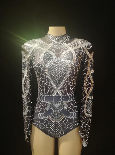 Ženski seksi scenski crni blistavi bodi Srebrni svjetlucavi kristali Kombinezon s biserima Noćni klub Pozornička odjeća Kostimi za nastup