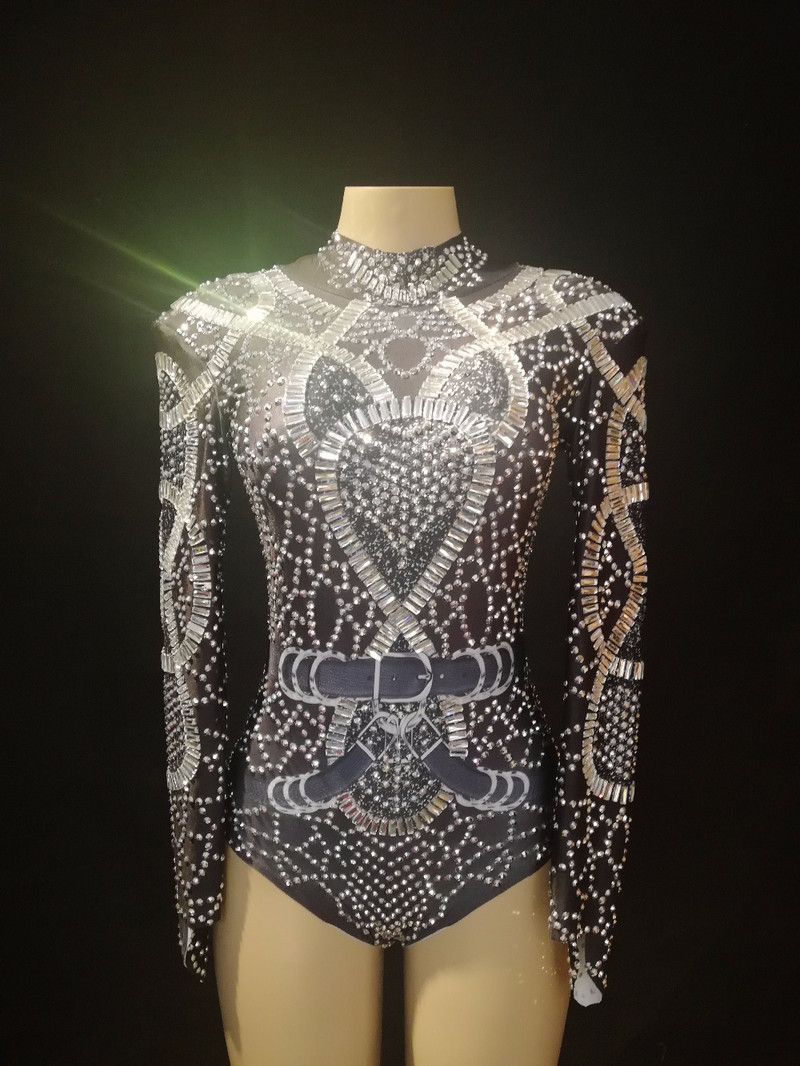 Ženski seksi scenski crni blistavi bodi Srebrni svjetlucavi kristali Kombinezon s biserima Noćni klub Pozornička odjeća Kostimi za nastup