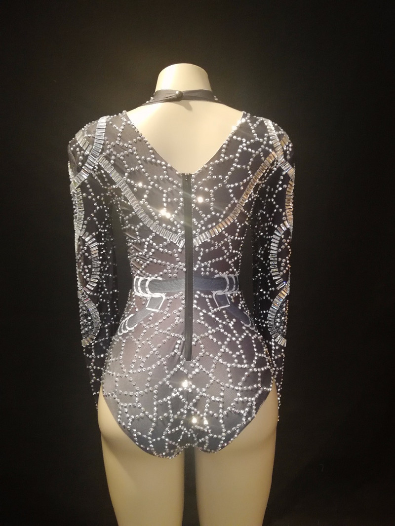 Ženski seksi scenski crni blistavi bodi Srebrni svjetlucavi kristali Kombinezon s biserima Noćni klub Pozornička odjeća Kostimi za nastup