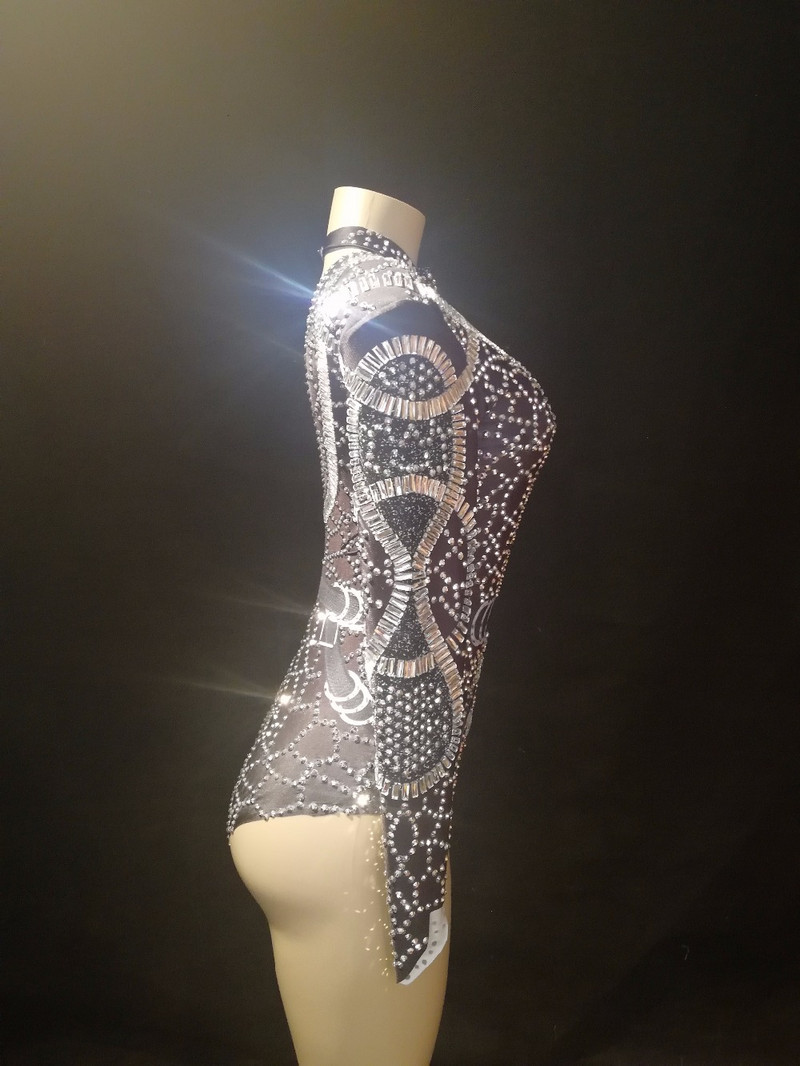 Ženski seksi scenski crni blistavi bodi Srebrni svjetlucavi kristali Kombinezon s biserima Noćni klub Pozornička odjeća Kostimi za nastup