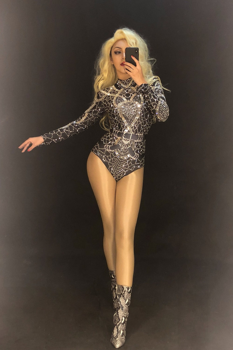 Ženski seksi scenski crni blistavi bodi Srebrni svjetlucavi kristali Kombinezon s biserima Noćni klub Pozornička odjeća Kostimi za nastup