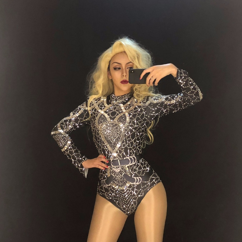 Ženski seksi scenski crni blistavi bodi Srebrni svjetlucavi kristali Kombinezon s biserima Noćni klub Pozornička odjeća Kostimi za nastup