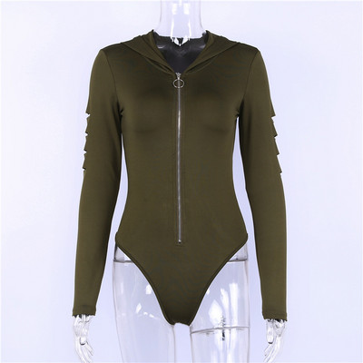 Body sexy cu glugă și fermoar, pentru femei, cu mânecă lungă, cu scobitură, body-uri, body-uri, salopete feminine, verde, alb