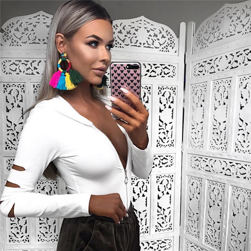 Body sexy cu glugă și fermoar, pentru femei, cu mânecă lungă, cu scobitură, body-uri, body-uri, salopete feminine, verde, alb