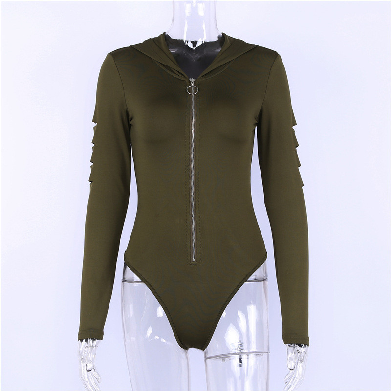 Body sexy cu glugă și fermoar, pentru femei, cu mânecă lungă, cu scobitură, body-uri, body-uri, salopete feminine, verde, alb