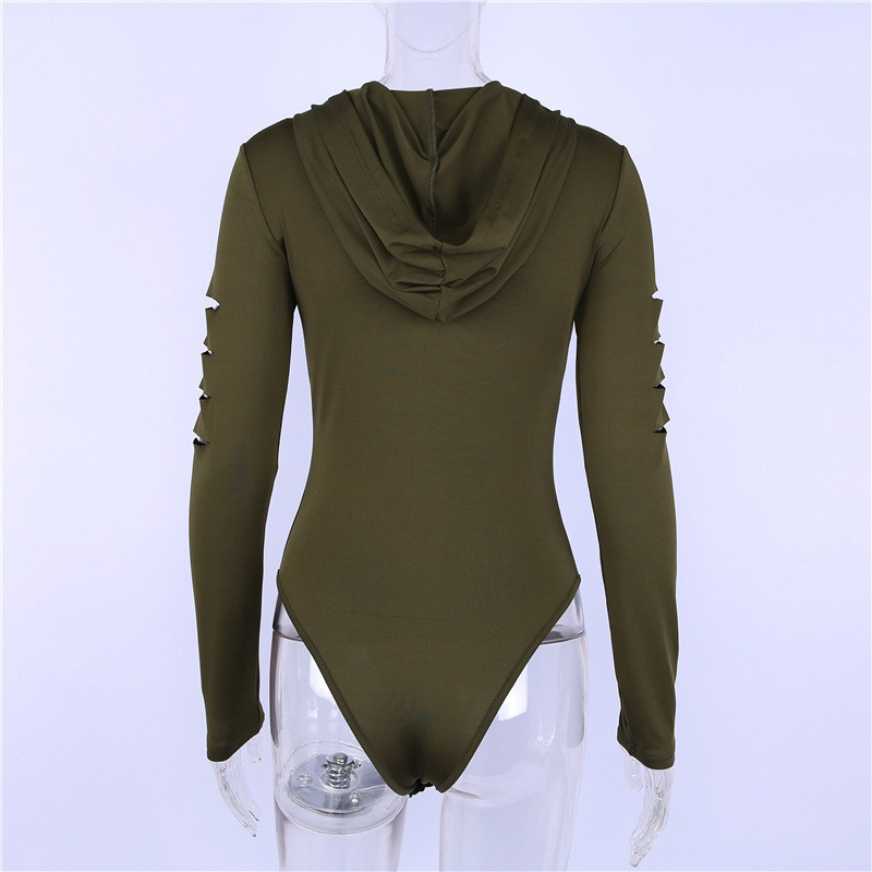 Body sexy cu glugă și fermoar, pentru femei, cu mânecă lungă, cu scobitură, body-uri, body-uri, salopete feminine, verde, alb