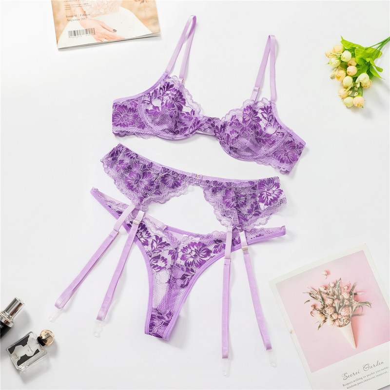 Ellolace Fancy εσώρουχα Floral δαντέλα γυναικεία εσώρουχα κεντήματα 3 τεμαχίων οικεία διάφανα ευαίσθητα εξωτικά σύνολα Σέξι κοστούμι