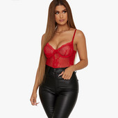 BKLD Γυναικεία Καλοκαίρι 2019 Κόκκινη Δαντέλα Γυναικεία Ολόσωμη φόρμα V λαιμόκοψη Σέξι κορμάκι Bodycon Αμάνικο διχτυωτό διαφανές φόρμα για πάρτι