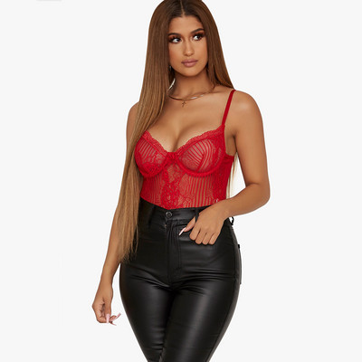 BKLD Γυναικεία Καλοκαίρι 2019 Κόκκινη Δαντέλα Γυναικεία Ολόσωμη φόρμα V λαιμόκοψη Σέξι κορμάκι Bodycon Αμάνικο διχτυωτό διαφανές φόρμα για πάρτι