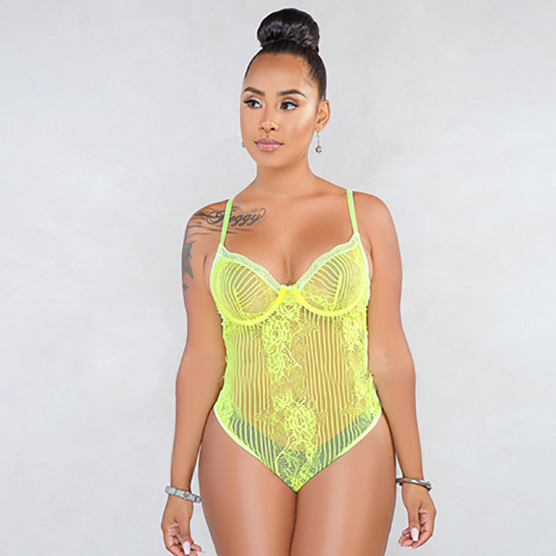 BKLD Γυναικεία Καλοκαίρι 2019 Κόκκινη Δαντέλα Γυναικεία Ολόσωμη φόρμα V λαιμόκοψη Σέξι κορμάκι Bodycon Αμάνικο διχτυωτό διαφανές φόρμα για πάρτι