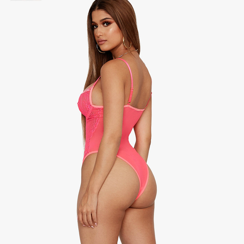 BKLD Γυναικεία Καλοκαίρι 2019 Κόκκινη Δαντέλα Γυναικεία Ολόσωμη φόρμα V λαιμόκοψη Σέξι κορμάκι Bodycon Αμάνικο διχτυωτό διαφανές φόρμα για πάρτι