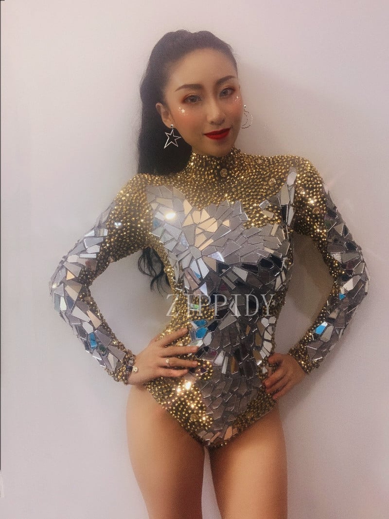 Divat arany strassz tükrök csillogó body női születésnapi ünneplés ruházat DJ énekes show táncos sztreccs ruha