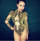 Μόδα λάμπει Σέξι χρυσά στρας Κορμάκι Γυναικεία μόδα Γυαλιστερά Κοστούμια χορού Ρούχα σκηνής