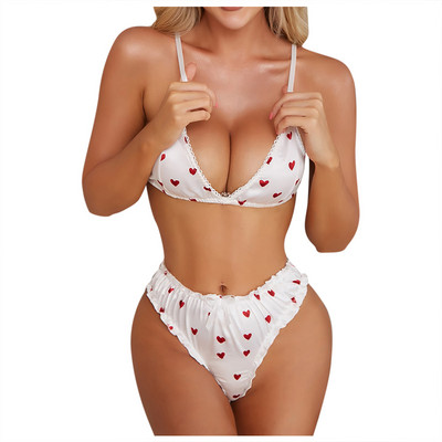 Set de lenjerie sexy cu imprimeu cu inimă de dragoste Lenjerie de corp Sutien pentru femei Set de slip Lenjerie de noapte Pijamale Sutien Push Up + Chiloți tanga cu talie înaltă Lenceria