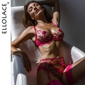 Ellolace Sensual Lenjerie Lenjerie de corp pentru femei Set sutien și chiloți transparent cu sârmă Jartiere Broderie Seturi de slip exotic sexy