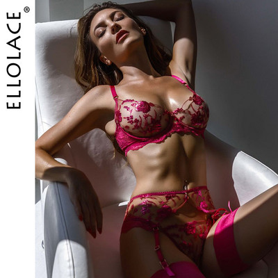 Ellolace Sensual Lingerie Sieviešu apakšveļa Caurspīdīgs apakšveļas krūšturis un Biksīšu komplekts Prievīte Izšuvumi Seksīgi eksotiski biksīšu komplekti