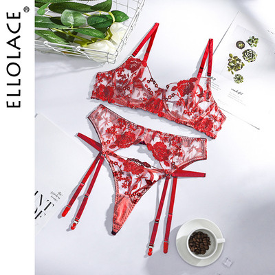 Ellolace Sensual Lenjerie Lenjerie de corp pentru femei Set sutien și chiloți transparent cu sârmă Jartiere Broderie Seturi de slip exotic sexy