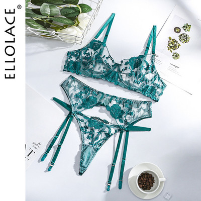 Ellolace Sensual Lenjerie Lenjerie de corp pentru femei Set sutien și chiloți transparent cu sârmă Jartiere Broderie Seturi de slip exotic sexy