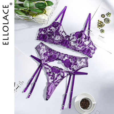 Ellolace Sensual Lenjerie Lenjerie de corp pentru femei Set sutien și chiloți transparent cu sârmă Jartiere Broderie Seturi de slip exotic sexy