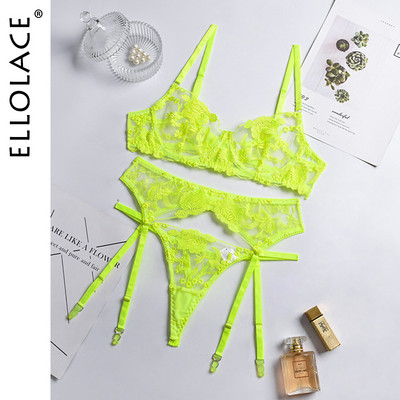 Ellolace Sensual Lenjerie Lenjerie de corp pentru femei Set sutien și chiloți transparent cu sârmă Jartiere Broderie Seturi de slip exotic sexy