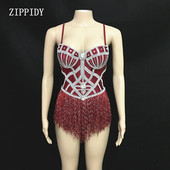 2019 Shining Crystals Red Tassels Bodysuit Sparkly Stage Dance Performance Outfit Νυχτερινό κέντρο Γενεθλίων Ρούχα επίδειξης