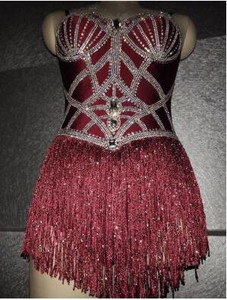 2019 Shining Crystals Red Tassels Bodysuit Sparkly Stage Dance Performance Outfit Νυχτερινό κέντρο Γενεθλίων Ρούχα επίδειξης