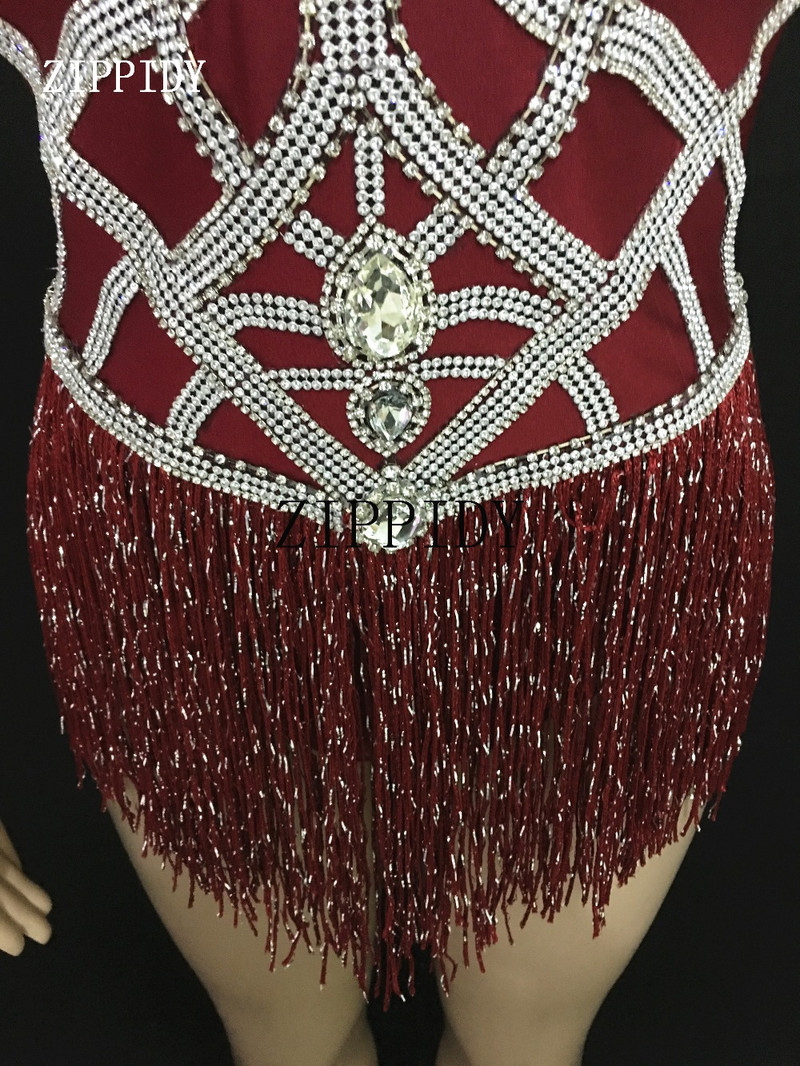 2019 Shining Crystals Red Tassels Bodysuit Sparkly Stage Dance Performance Outfit Νυχτερινό κέντρο Γενεθλίων Ρούχα επίδειξης