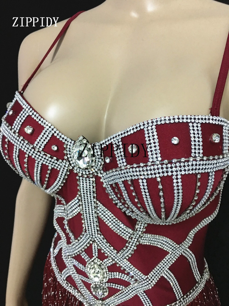 2019 Shining Crystals Red Tassels Bodysuit Sparkly Stage Dance Performance Outfit Νυχτερινό κέντρο Γενεθλίων Ρούχα επίδειξης