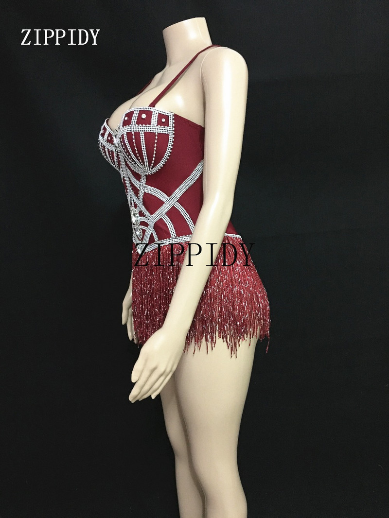 2019 Shining Crystals Red Tassels Bodysuit Sparkly Stage Dance Performance Outfit Νυχτερινό κέντρο Γενεθλίων Ρούχα επίδειξης