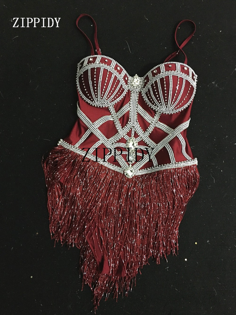 2019 Shining Crystals Red Tassels Bodysuit Sparkly Stage Dance Performance Outfit Νυχτερινό κέντρο Γενεθλίων Ρούχα επίδειξης