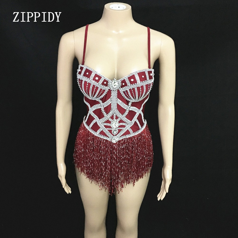 2019 Shining Crystals Red Tassels Bodysuit Sparkly Stage Dance Performance Outfit Νυχτερινό κέντρο Γενεθλίων Ρούχα επίδειξης