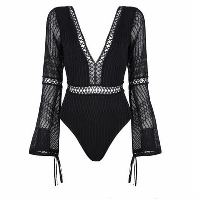 2018 New Fashion Graceful Lace μακριά μανίκια Σέξι με βαθύ V λαιμόκοψη χωρίς πλάτη γυναικεία ολόσωμο μαγιό