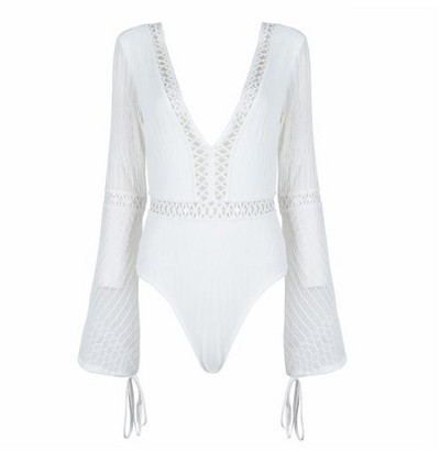 2018 New Fashion Graceful Lace μακριά μανίκια Σέξι με βαθύ V λαιμόκοψη χωρίς πλάτη γυναικεία ολόσωμο μαγιό