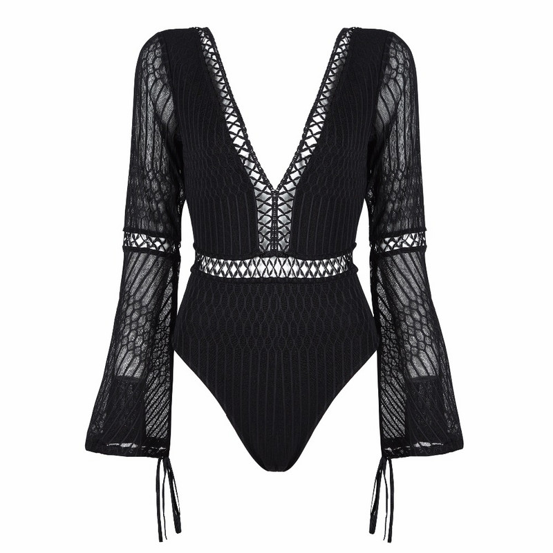 2018 New Fashion Graceful Lace μακριά μανίκια Σέξι με βαθύ V λαιμόκοψη χωρίς πλάτη γυναικεία ολόσωμο μαγιό