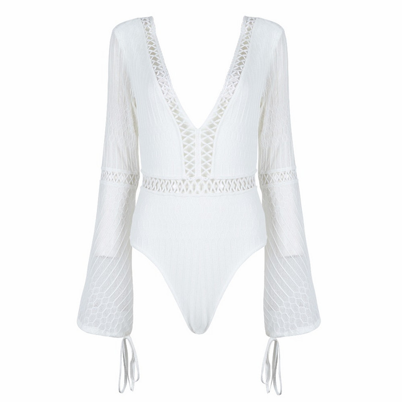 2018 New Fashion Graceful Lace μακριά μανίκια Σέξι με βαθύ V λαιμόκοψη χωρίς πλάτη γυναικεία ολόσωμο μαγιό