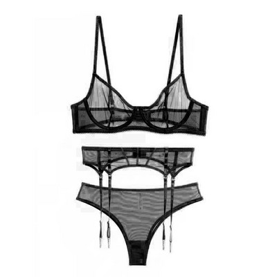 Seturi de lenjerie pentru jartieră de modă pentru femei 3 buc. Set de lenjerie de corp tanga transparentă din plasă G-String Seturi de sutien sexy pentru femei din dantelă albă