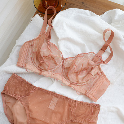 Romantiline peen tikitud aluspesu naiste üliõhuke bralette kroonlehetops pehmest terasest rõngast ülemise toega rinnahoidja komplekt