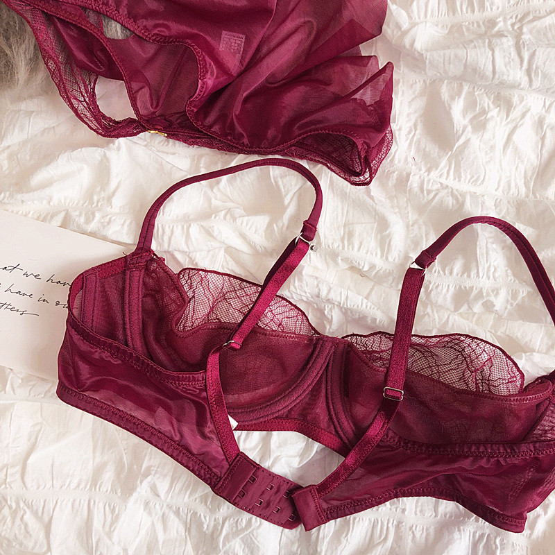 Wriufred Set de sutien ultra-subțire din dantelă din plasă transparentă, cu jumătate de cupă