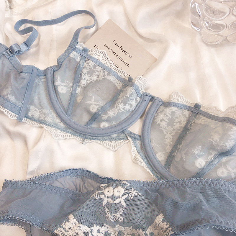 Κεντητό σέξι εσώρουχο εσώρουχο εσώρουχο εσώρουχο διαφανές ατσάλινο δαχτυλίδι εξαιρετικά λεπτό σετ εσωρούχων μεγάλο στήθος μαζεμένο σουτιέν με σετ σλιπ