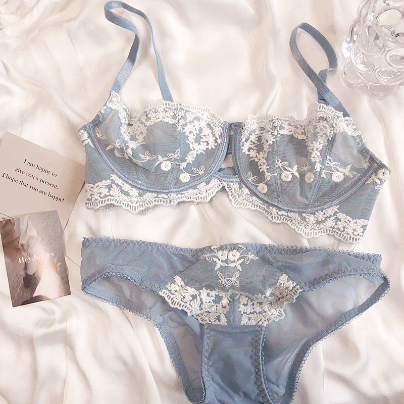 Κεντητό σέξι εσώρουχο εσώρουχο εσώρουχο εσώρουχο διαφανές ατσάλινο δαχτυλίδι εξαιρετικά λεπτό σετ εσωρούχων μεγάλο στήθος μαζεμένο σουτιέν με σετ σλιπ