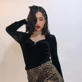 JIEZuoFang Chic Palace Style Body Body din catifea neagră pentru femei cu gât în V Sexy corp încrustat Mujer cu mâneci lungi Costume de bază vintage de toamnă