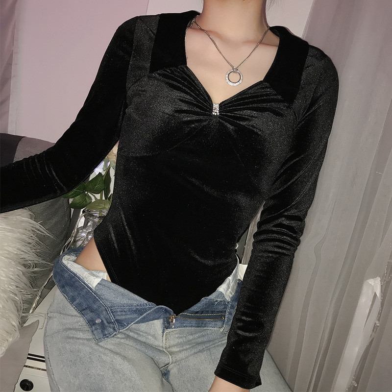 JIEZuoFang Chic Palace Style Body Body din catifea neagră pentru femei cu gât în V Sexy corp încrustat Mujer cu mâneci lungi Costume de bază vintage de toamnă