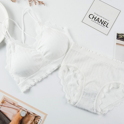 SVOKOR Seturi de lenjerie de corp cu volane solide pentru femei, cu bretele duble încrucișate, lenjerie elastică, costum de sutien fără cusături