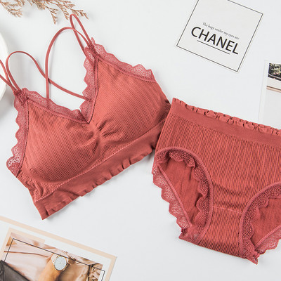 SVOKOR Seturi de lenjerie de corp cu volane solide pentru femei, cu bretele duble încrucișate, lenjerie elastică, costum de sutien fără cusături