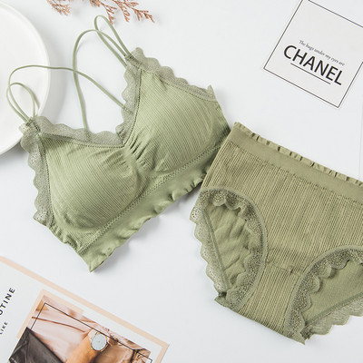 SVOKOR Seturi de lenjerie de corp cu volane solide pentru femei, cu bretele duble încrucișate, lenjerie elastică, costum de sutien fără cusături