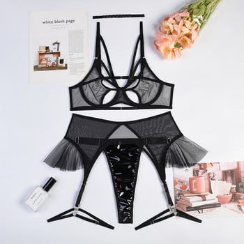 Yimunancy 4-Piece Mesh Transparent Choker Lingerie Set Women Out Out Sexy Erotic Set Back Open Thong Garter Kit