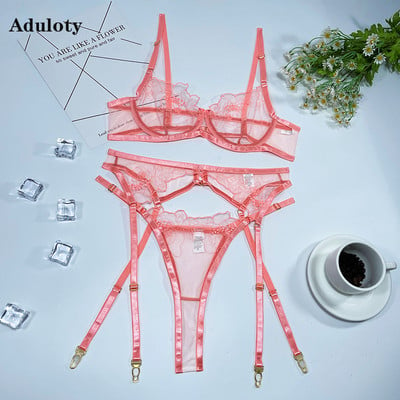 Aduloty`s New Lenjerie de corp pentru femei brodate roz, sutien cu sârmă, plasă subțire, lenjerie sexy transparentă, set de tanga cu jartieră