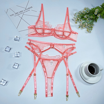 Νέο ροζ κεντημένο γυναικείο εσώρουχο Aduloty`s Σουτιέν με λεπτό διχτυωτό σετ στρινγκ με σέξι εσώρουχα